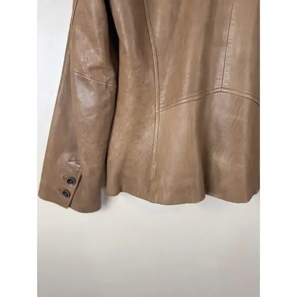 Leather Blazer Jacket with Mao Collar, Front Pockets – Brown Approx. Size M - Picture 10 of 15